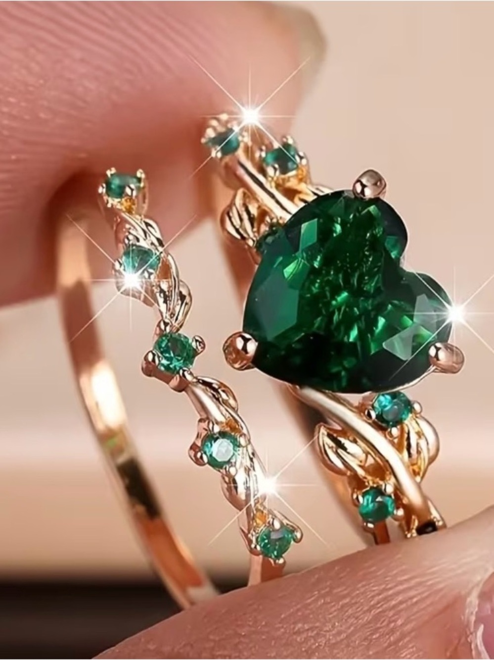 Gold-Plated Heart Emerald Ring Set - Green